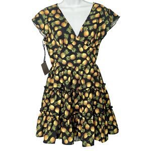 Area Stars Pineapple Black Yellow Flutter Sleeve Mini Dress size S NEW Tags